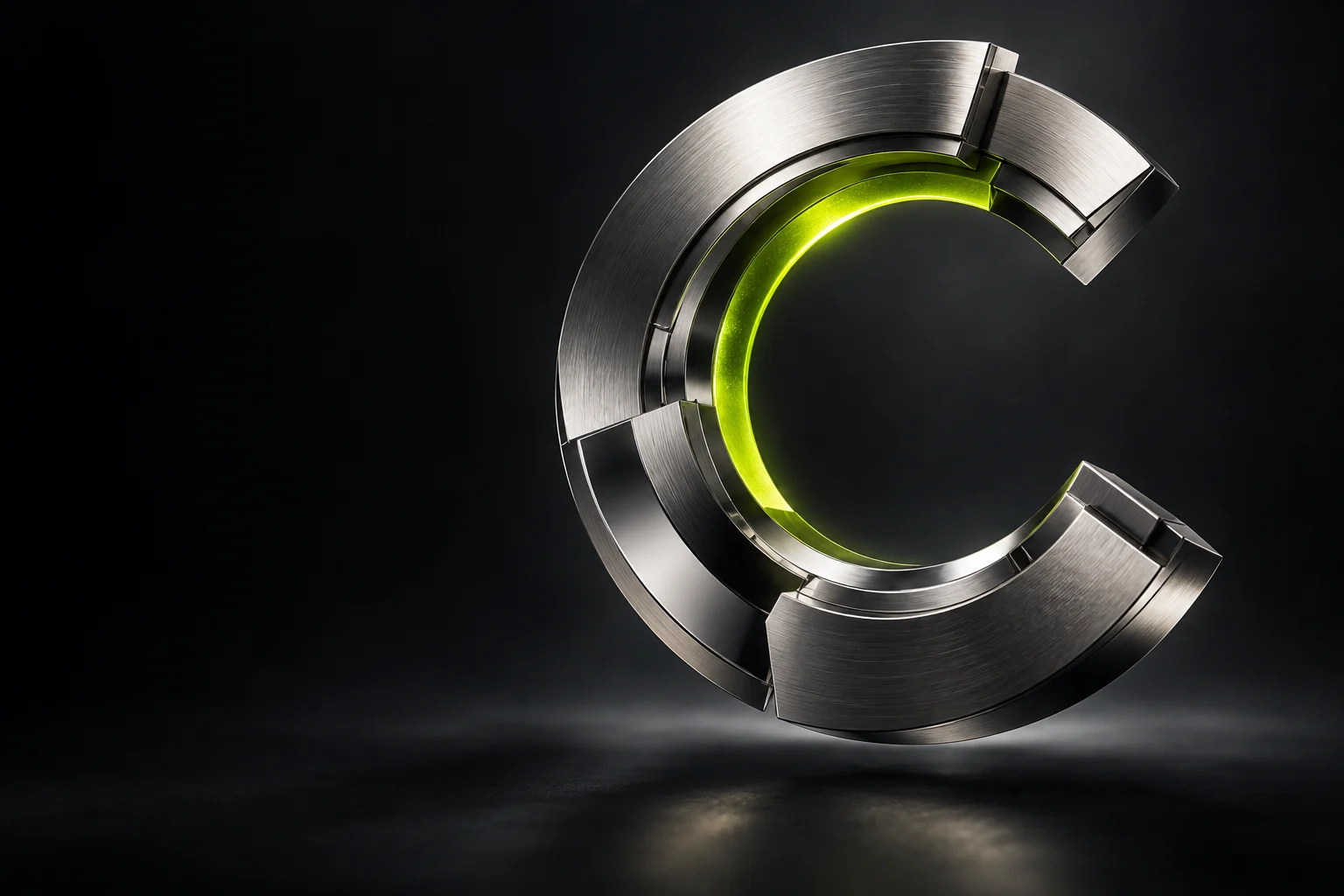 Sculptural chrome orbit with an electric lime inner surface